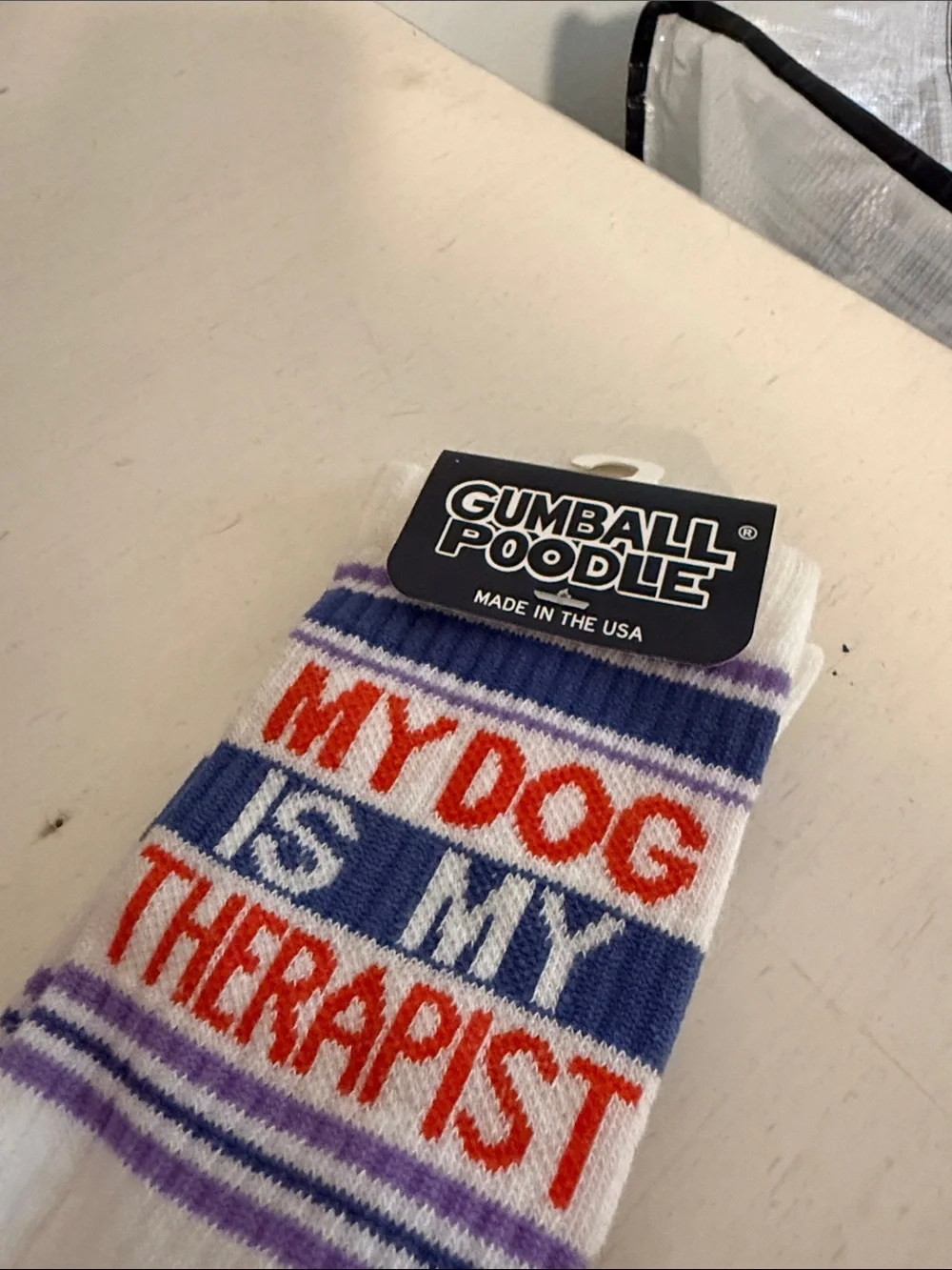 White & Purple 'My Dog Is My Therapist' Crew Socks